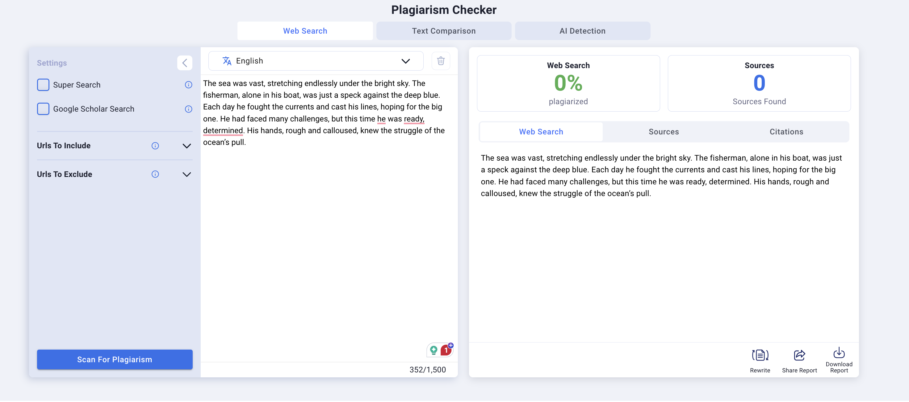 Smodin’s screenshot of the Plagiarism checker showing 0% plagiarism. 